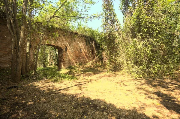 イタリアの田舎の晴れた日に森の真ん中に放棄された要塞のレンガの壁にアーチウェイ — ストック写真