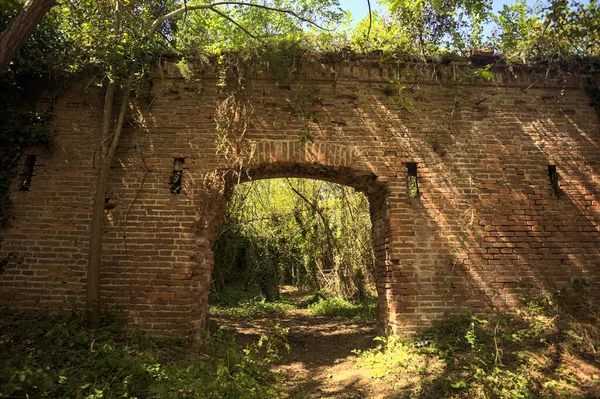 İtalya 'nın kırsalında güneşli bir günde, ormanın ortasında terk edilmiş bir kalenin tuğla duvarındaki kemer.