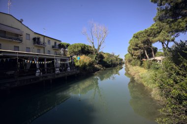 Deniz çamları ve binalarla çevrili su akıntısı güneşli bir günde İtalyan kasabasında suya yansıyan yansımalarıyla.