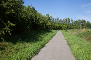 İtalya kırsalında ağaçlarla ve tarlalarla çevrili bir yol.