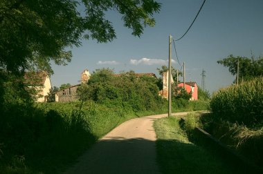 İtalya kırsalında ağaçlarla ve tarlalarla çevrili bir yol.