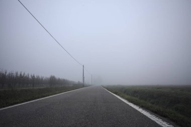 İtalya kırsalında sisli bir günde tarlaların yanında bir siper ve elektrik hattı ile çevrili bir yol.