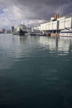 Limanda kıyıya demirlemiş tekneler ve suya düşen bulutlu gökyüzü olan binalar.