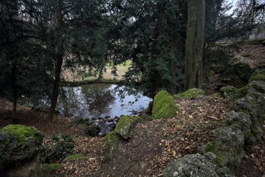 Sonbaharda bir parkta küçük bir şelalenin dibinde.