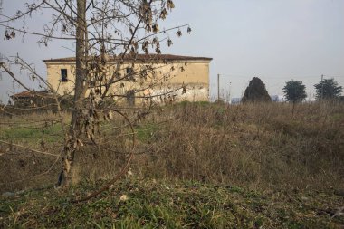 Terk edilmiş kır evi, bir tarlanın yanında.