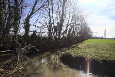 Güneşli bir günde tarlalarla çevrili siper