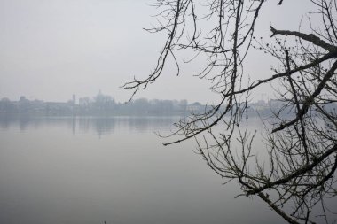 Sisli bir günde bir gölün kıyısında