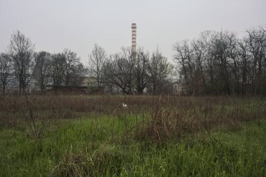 Bulutlu bir günde fabrikanın önündeki tarla