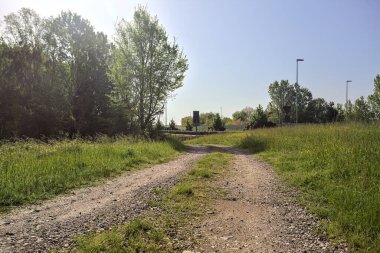 Güneşli bir günde İtalya 'nın kırsal kesiminde toprak yol