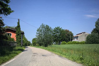 Bir tarla ile çevrili köy yolu