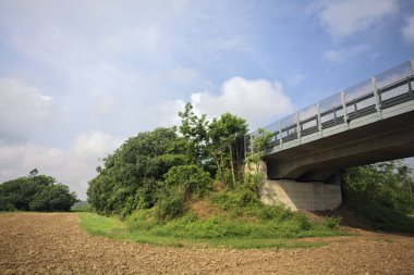 Viyadük ekili bir tarlayı geçiyor.