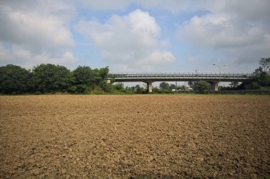 Viyadük ekili bir tarlayı geçiyor.