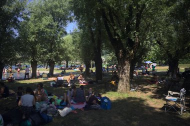 Güneşli bir günde, göl kıyısındaki bir parkta insanlar