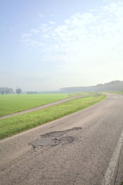 Çimenli bir arazinin yanındaki köy yolu