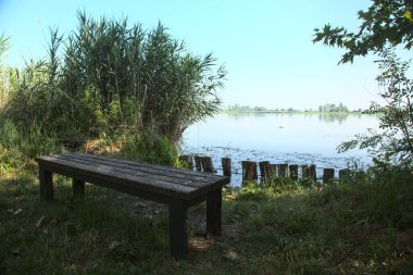 Göl kıyısındaki bankta.