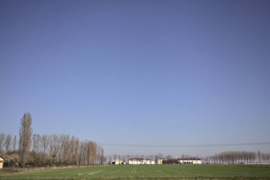 Yanı başında ağaçlar ve ufukta İtalya kırsalında bir köşk olan boş bir çayır.