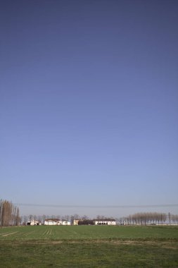 Yanı başında ağaçlar ve ufukta İtalya kırsalında bir köşk olan boş bir çayır.