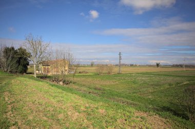 Güneşli bir günde ufka kadar uzanan bir tarladaki kır evi bir setten görülüyor.