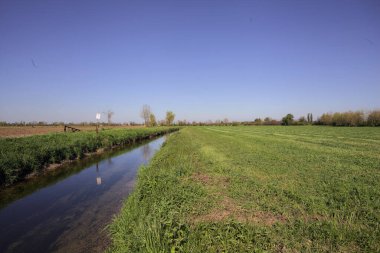Tarlalar arasındaki su akıntısı kenarına kadar uzanan bir patika ve suya dökülen gökyüzü.