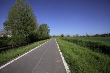 İtalya kırsalında güneşli bir günde ufukta ağaçlar olan bir çim tarlasının yanındaki su deresi.