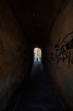 Duvarlarında grafiti olan dar bir sokak ve karşı ucunda da bir sütun var.