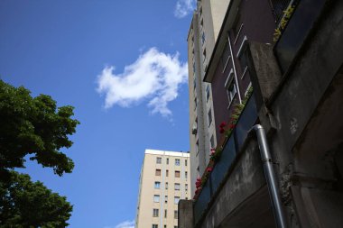 Güneşli bir günde sardunya vazoları sallanan bir balkon ve meskun bölgenin gökdelenleri.