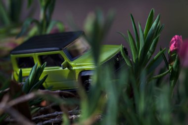 Mantova, İtalya - 27 Nisan 2025 - 1 / 64 Majorette kopyası çiçek açan karanfil vazosundaki Suzuki Jimny