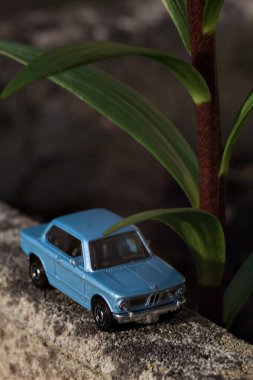 Mantova, İtalya - 27. Nisan 2025 - 1 / 64 Kibrit kutusu kopyası 1969 BMW 2002 bir bitkinin yaprağının altından geçen beton bir vazo üzerinde