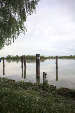 Nehrin kıyısındaki tahta demirleme direkleri bataklıkta, gökyüzü bulutlu bir günde İtalya kırsalında suya yansıyor.