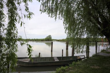 Nehir kıyısında bir söğüt ağacının yanında demirli bir tekne ve suya düşen bulutlu bir gökyüzü.