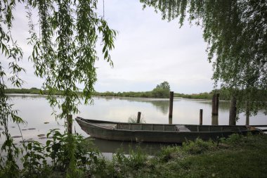 Nehir kıyısında bir söğüt ağacının yanında demirli bir tekne ve suya düşen bulutlu bir gökyüzü.