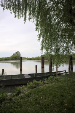 Nehir kıyısında bir söğüt ağacının yanında demirli bir tekne ve suya düşen bulutlu bir gökyüzü.