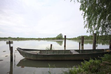 Nehir kıyısında bir söğüt ağacının yanında demirli bir tekne ve suya düşen bulutlu bir gökyüzü.