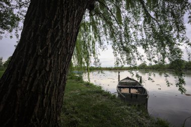Nehir kıyısında bir söğüt ağacının yanında demirli bir tekne ve suya düşen bulutlu bir gökyüzü.