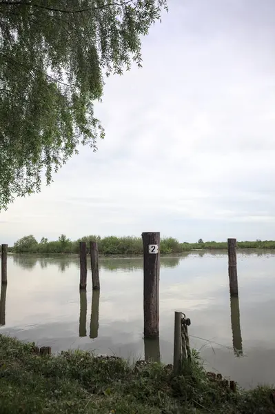 Nehrin kıyısındaki tahta demirleme direkleri bataklıkta, gökyüzü bulutlu bir günde İtalya kırsalında suya yansıyor.