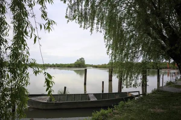 Nehir kıyısında bir söğüt ağacının yanında demirli bir tekne ve suya düşen bulutlu bir gökyüzü.