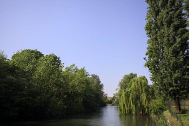 İtalya kırsalında güneşli bir günde, kıyılarında salkım söğüdü olan bir parkın içinden geçen nehir.