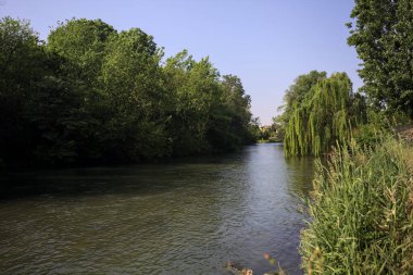 İtalya kırsalında güneşli bir günde, kıyılarında salkım söğüdü olan bir parkın içinden geçen nehir.