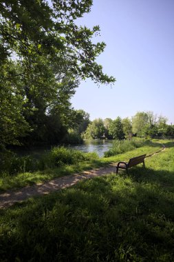 Tahta bank, kısmen gölgede, nehir kıyısında, İtalya kırsalındaki bir parkın yanında.