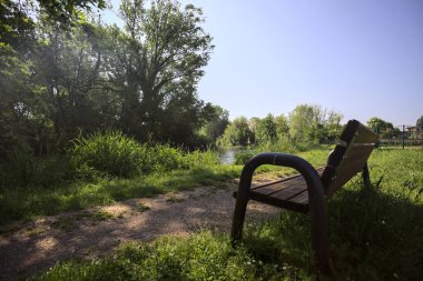 Tahta bank, kısmen gölgede, nehir kıyısında, İtalya kırsalındaki bir parkın yanında.