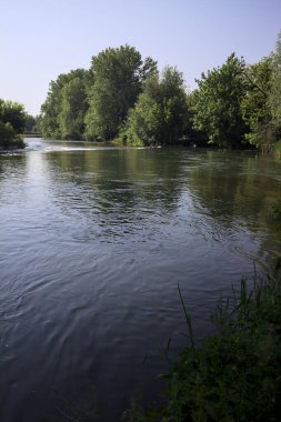 İtalya kırsalındaki bir parktan geçen nehir kıyıdaki ağaçlar ve bitkiler tarafından çerçevelenmiş bir şelale ile.