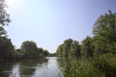 İtalya kırsalındaki bir parktan geçen nehir kıyıdaki ağaçlar ve bitkiler tarafından çerçevelenmiş bir şelale ile.