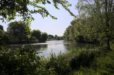 İtalya kırsalındaki bir parktan geçen nehir kıyıdaki ağaçlar ve bitkiler tarafından çerçevelenmiş bir şelale ile.