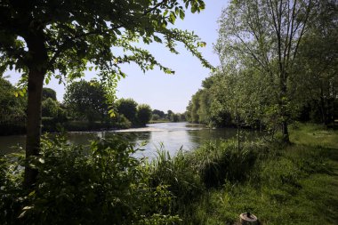 İtalya kırsalındaki bir parktan geçen nehir kıyıdaki ağaçlar ve bitkiler tarafından çerçevelenmiş bir şelale ile.