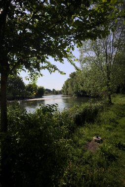 İtalya kırsalındaki bir parktan geçen nehir kıyıdaki ağaçlar ve bitkiler tarafından çerçevelenmiş bir şelale ile.