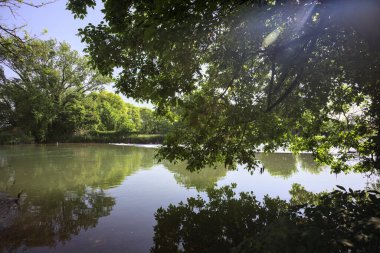 İtalya kırsalındaki bir parktaki bir nehrin çağlayanı ağaç dalları ve sudaki yansımalarıyla çerçevelenmiş.