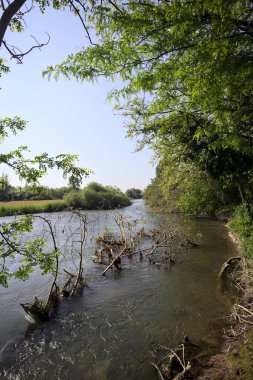 İtalya kırsalında ağaçlarla çevrili bir yerde boru hattı olan bir parkla bir tarla arasında akan nehir.