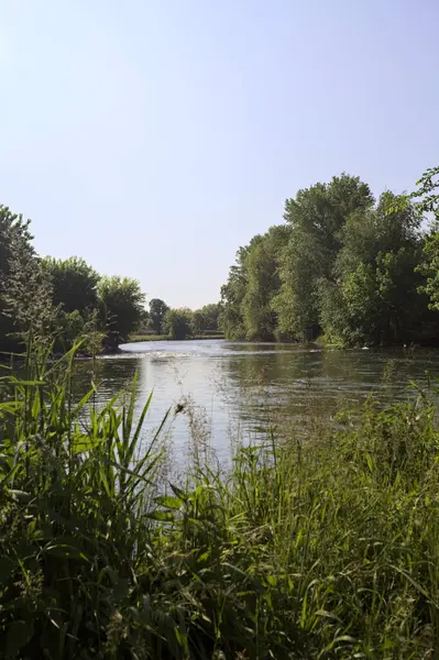 İtalya kırsalındaki bir parktan geçen nehir kıyıdaki ağaçlar ve bitkiler tarafından çerçevelenmiş bir şelale ile.