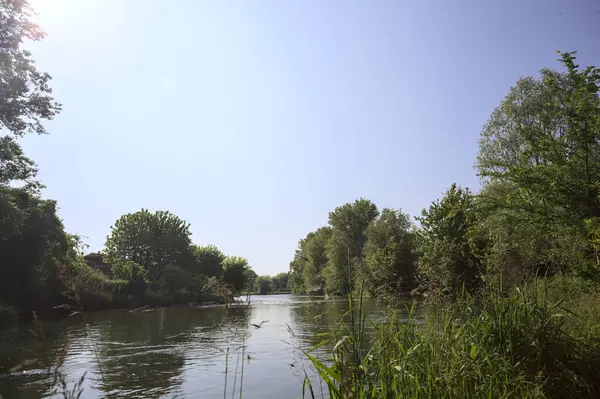 İtalya kırsalındaki bir parktan geçen nehir kıyıdaki ağaçlar ve bitkiler tarafından çerçevelenmiş bir şelale ile.
