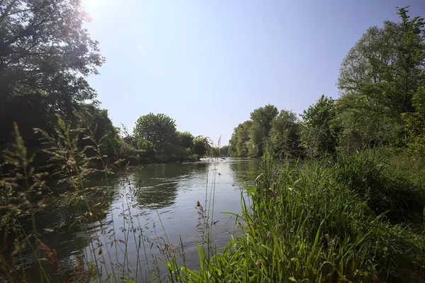 İtalya kırsalındaki bir parktan geçen nehir kıyıdaki ağaçlar ve bitkiler tarafından çerçevelenmiş bir şelale ile.